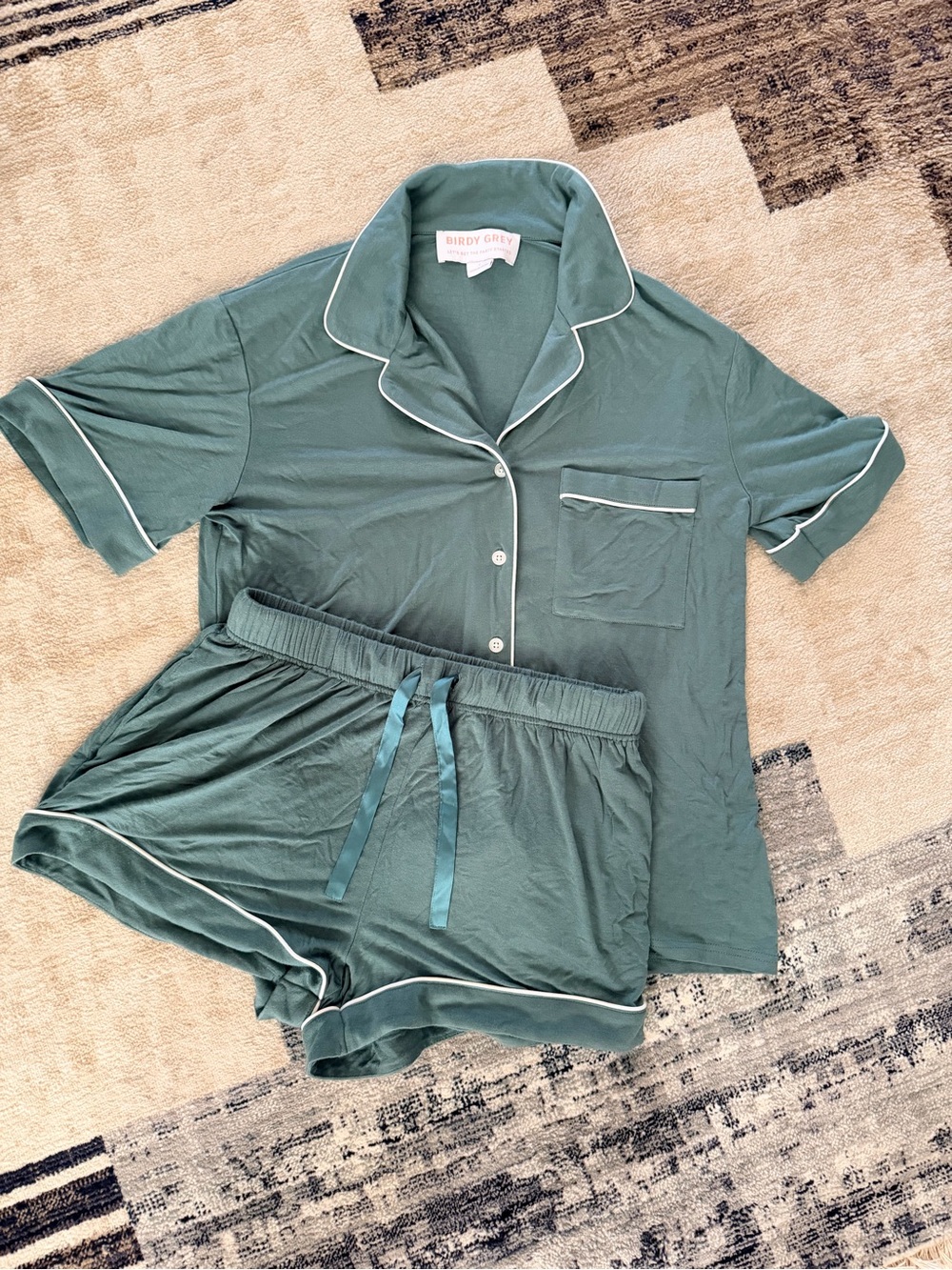 Birdy Grey Teal Short Sleeve Pajama Set with White Piping